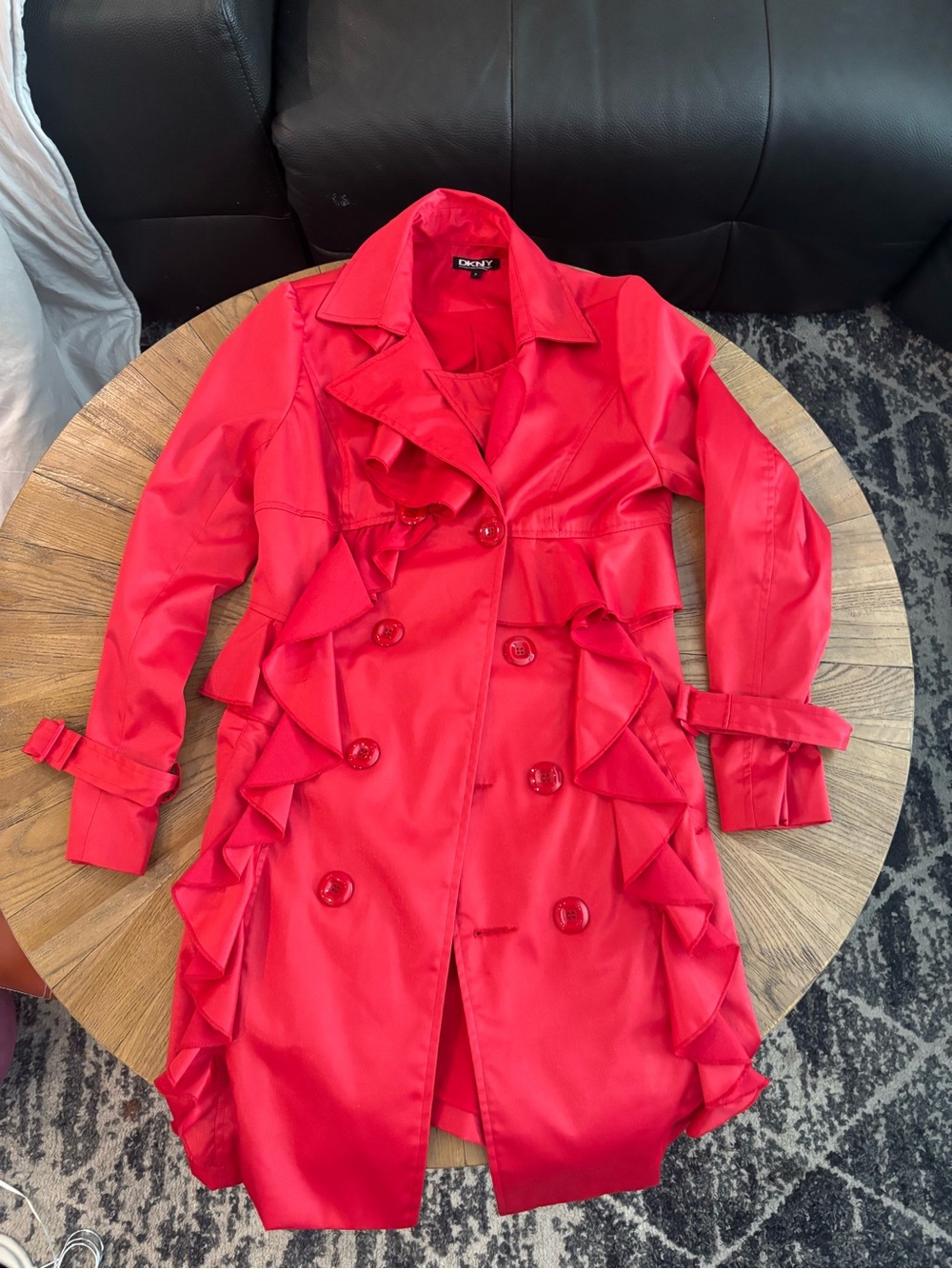 Donna Karan Red Ruffle-Trim Double-Breasted Trench Coat